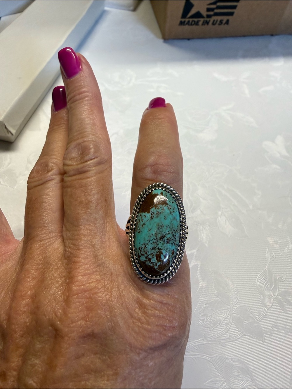 Size 9 Turquoise Oval Silver Statement Ring